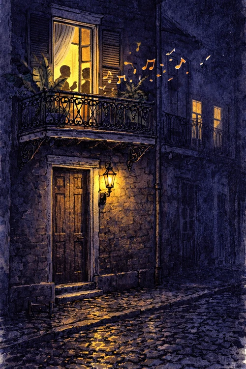 The Bourbon room — a moonlit balcony in the French Quarter
