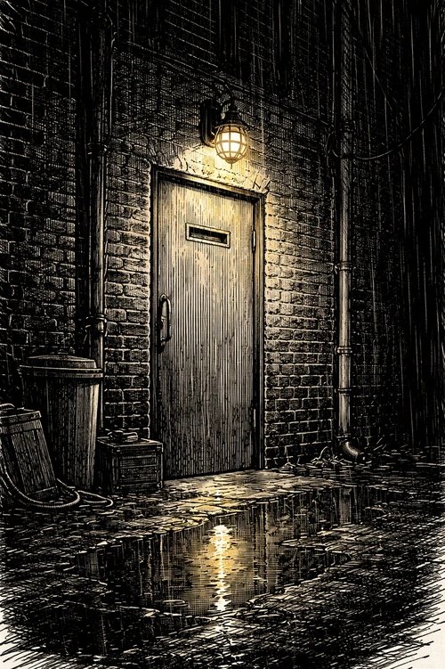 The Speakeasy room — a lamplit door in a rainy alley at night