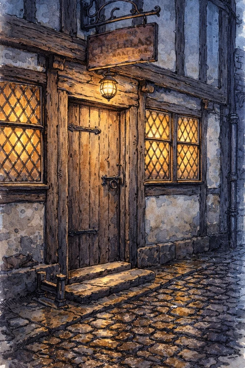 The Tavern room — an old English pub at twilight