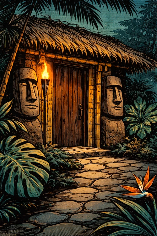 The Tiki room — a tropical tiki bar entrance at dusk