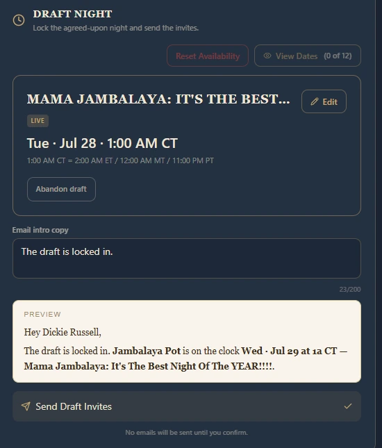 A draft night invitation sent to a fantasy football league
