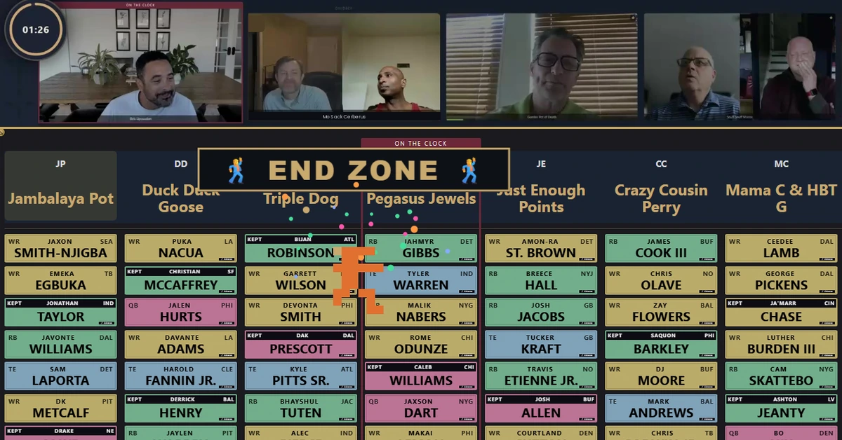 A fantasy football draft in progress — league members on camera above a live draft board