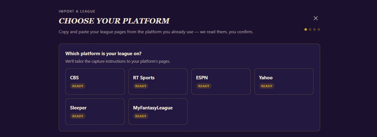 Choosing a platform to import a fantasy football league from — CBS, RT Sports, ESPN, Yahoo, Sleeper or MyFantasyLeague